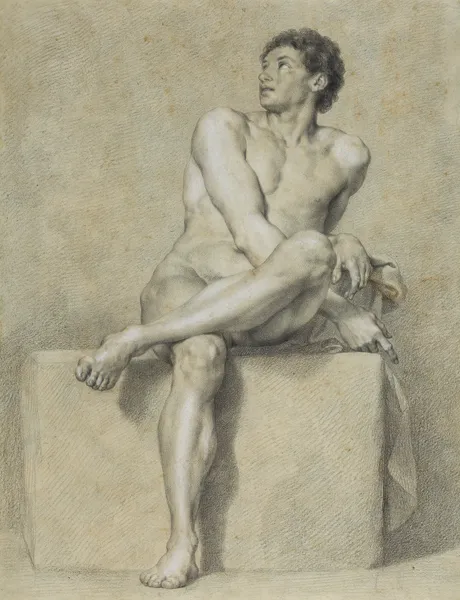 Sitzender männlicher Akt, frontal, das linke Bein über das rechte gelegt, aufblickend av Anton Raphael Mengs
