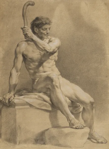 Sitzender männlicher Akt, schräg nach rechts, mit der Linken eine kleine Keule emporhaltend av Anton Raphael Mengs