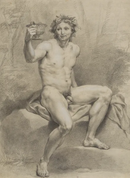 Sitzender männlicher Akt, schräg nach rechts, mit Weinlaubkranz und Trinkschale in der Rechten av Anton Raphael Mengs