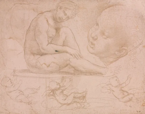 Studies of a Seated Female, Child’s Head, and Three Studies of a Baby (c. 1507–8) av Raphael