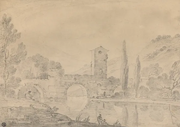 Italian Landscape with Three-Arched Bridge, Bridgehouse, Figures on near Bank, and Poplars on Farther Bank av Richard Wilson