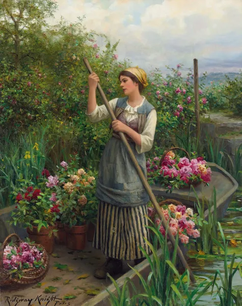 Gathering Flowers Along The River av Daniel Ridgway Knight
