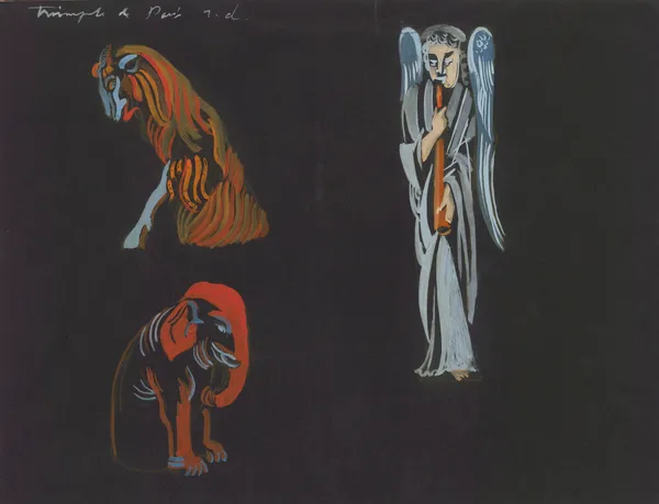 Le Triomphe de Paris – maquette de décor – Illuminations de statues parisiennes – trois statues diverses de la cathédrale Notre-dame de Paris av Robert Delaunay
