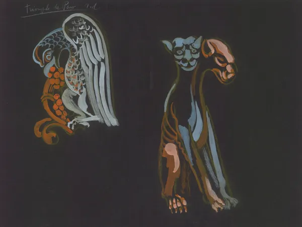 Le Triomphe de Paris – maquette de décor – Illuminations de statues parisiennes – deux statues diverses de la cathédrale Notre-dame de Paris av Robert Delaunay