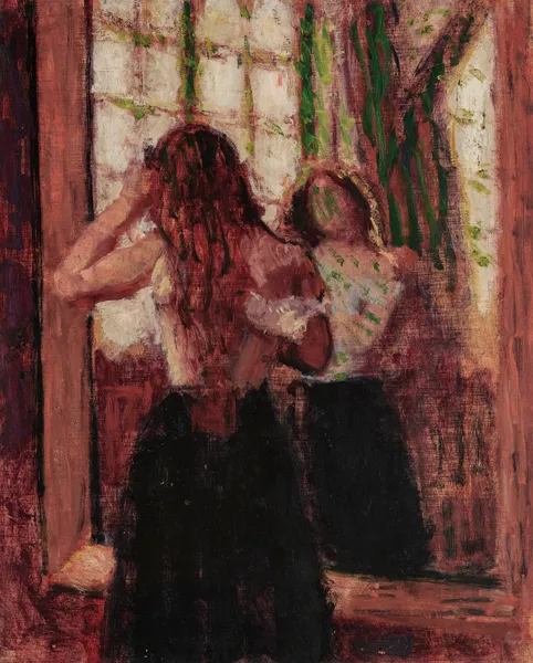 Girl arranging her hair in front of a mirror av Roderic O'Conor