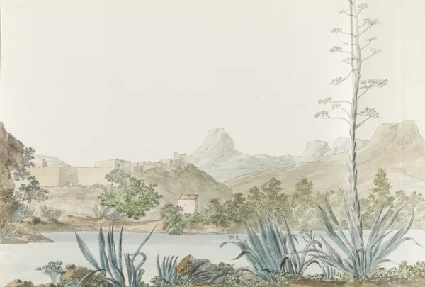 Gezicht op de rivier Platani en Agrigento in Palermo av Abraham-Louis-Rodolphe Ducros