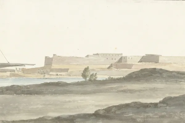 Gezicht op het kasteel in de haven van Barletta av Abraham-Louis-Rodolphe Ducros