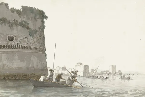 Mosselvissers op Mare Piccolo bij de vestingwerken van Tarente av Abraham-Louis-Rodolphe Ducros