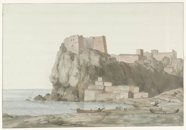 Rots en stad Scilla in de regio Calabrië aan de westkust av Abraham-Louis-Rodolphe Ducros