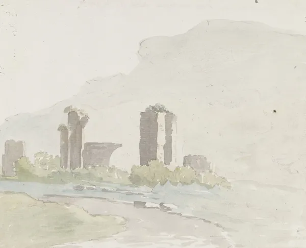 Ruïnes aan voet van berg tussen Itri en Gaeta av Abraham-Louis-Rodolphe Ducros