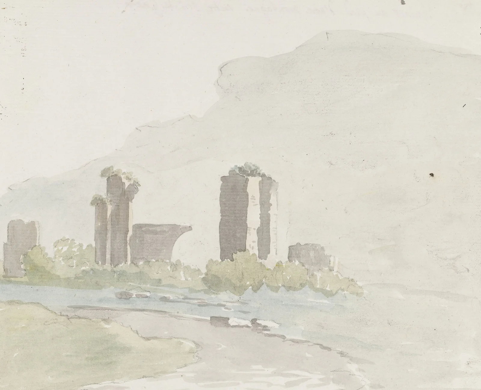 Ruïnes aan voet van berg tussen Itri en Gaeta av Abraham-Louis-Rodolphe Ducros