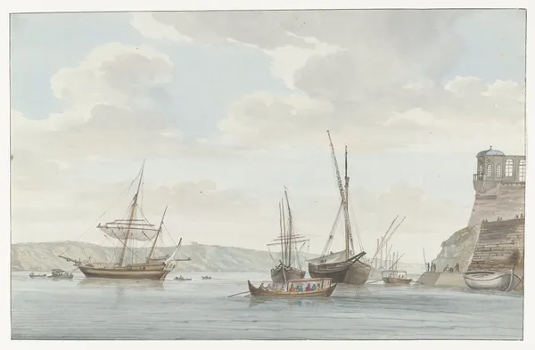 Tuinhuis van de Jardin du Grand Maître uittorend boven de haven met galei schepen op Malta av Abraham-Louis-Rodolphe Ducros