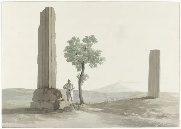 Twee fragmenten van zuilen van de tempel van Zeus Olympus op afstand van halve mijl van rivier Anapus av Abraham-Louis-Rodolphe Ducros