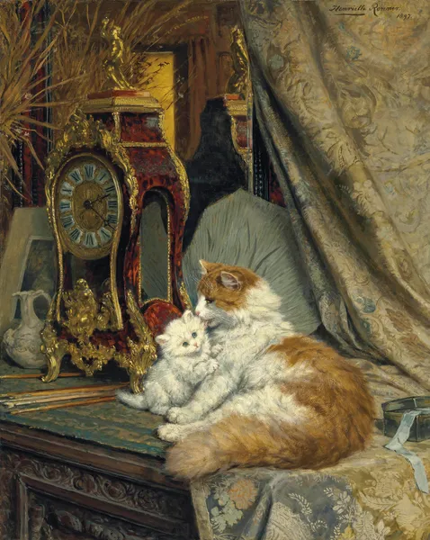 A Mother Cat and her Kitten with a Bracket Clock av Henriëtte Ronner-Knip