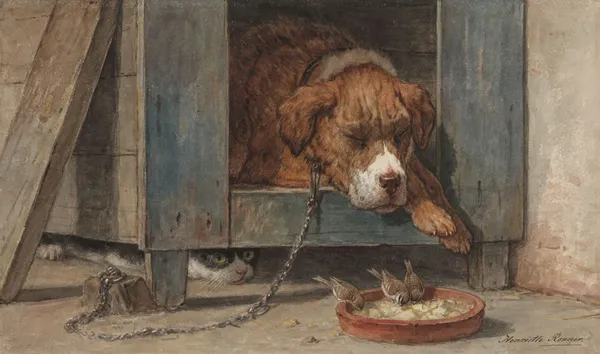 Kat bespiedt vogels bij een slapende hond av Henriëtte Ronner-Knip