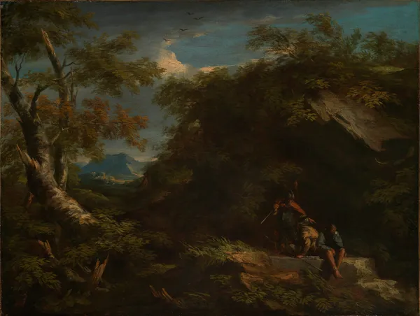 Mountainous forest landscape with resting warriors av Salvator Rosa