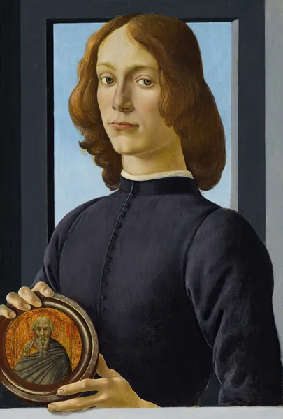 Portrait of a young man holding a roundel av Sandro Botticelli