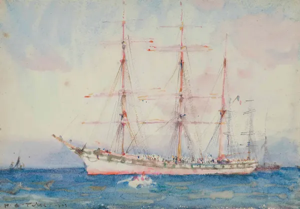 French Windjammer At Anchor Signed And Indistinctly av Henry Scott Tuke