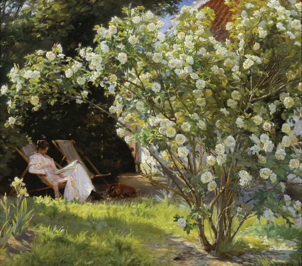 Roses. Marie Krøyer seated in the deckchair in the garden by Mrs Bendsen’s house av Peder Severin Krøyer