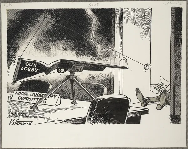 Rifle (gun lobby) aimed at fallen figure (gun bill) av Edmund Siegfried Valtman