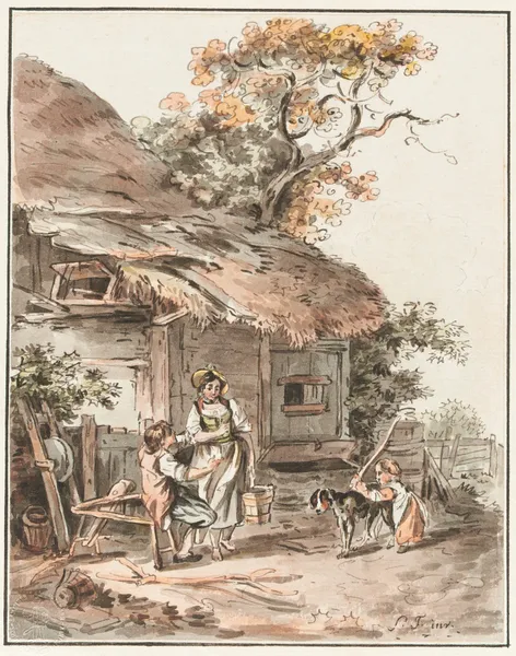 Ländliche Szene vor einem strohgedeckten Bauernhaus. av Sigmund Freudenberger