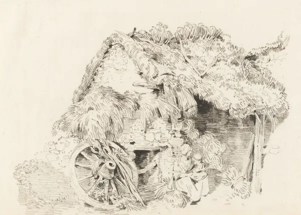 Vue d’une maison avec un toit de chaume av Sigmund Freudenberger