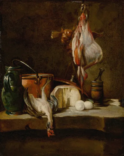 Still Life with a ray-fish, a basket of onions, eggs, cheese, a green jug and a copper pot av Jean Siméon Chardin
