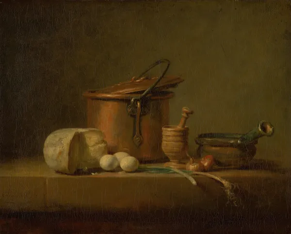 Still Life with Copper Pot, Cheese and Eggs av Jean Siméon Chardin