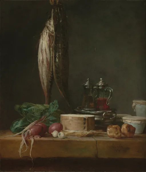 Still Life with Fish, Vegetables, Gougères, Pots, and Cruets on a Table av Jean Siméon Chardin