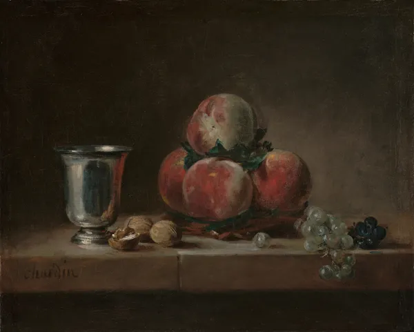 Still Life with Peaches, a Silver Goblet, Grapes, and Walnuts av Jean Siméon Chardin
