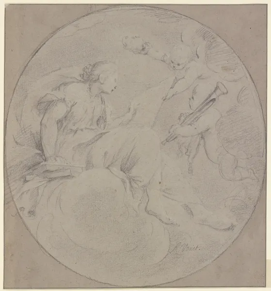 Die Muse der Musik mit zwei Genien, deren einer eine Trompete trägt av Simon Vouet