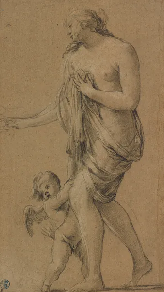 Study of a Female Figure with a Putto av Simon Vouet