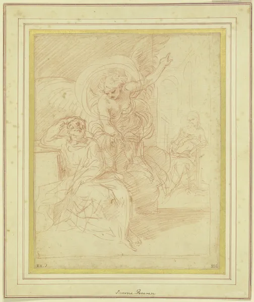 Der Engel erscheint dem Heiligen Joseph, um ihn zur Flucht nach Ägypten zu bewegen av Simone Cantarini