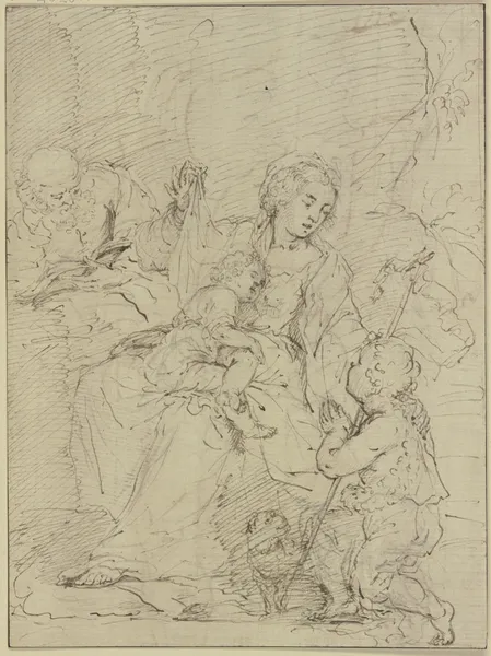 Die Heilige Familie, der Heilige Joseph liest in einem Buch, der Johannesknabe betet das Jesuskind an av Simone Cantarini
