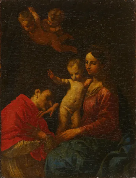 Madonna and Child, worshipped by St Carlo Borromeo av Simone Cantarini