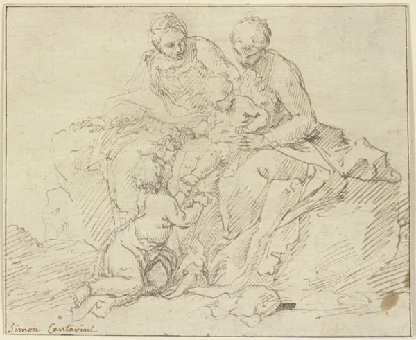 Maria und Elisabeth mit dem Jesuskind und dem Johannesknaben av Simone Cantarini
