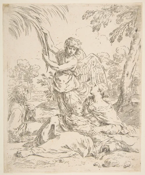 Repose in Egypt, Mary nursing the infant Christ while an angel pulls at tree branches av Simone Cantarini