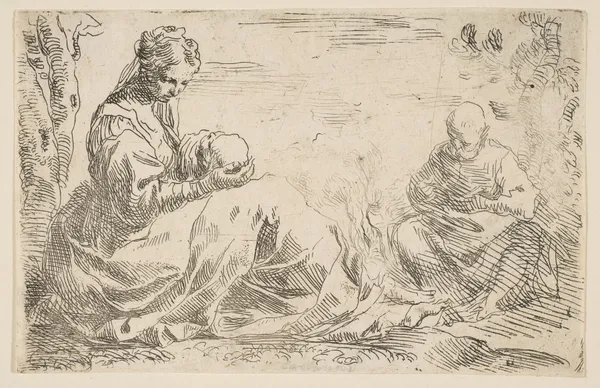 Rest on the flight into Egypt, Mary holding and looking at the infant Christ while St. Joseph reads av Simone Cantarini