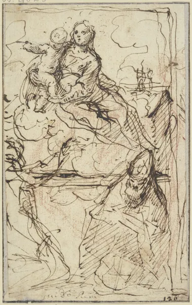 Thronende Madonna, vor ihr ein heiliger Bischof und ein weiterer Heiliger av Simone Cantarini