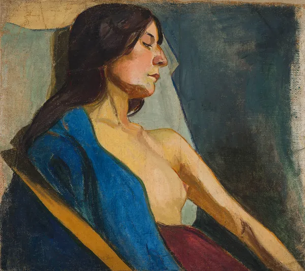 Female Semi-Nude in a Blue Scarf av Władysław Ślewiński
