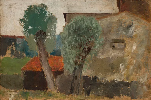 Fragment of a house with two trees av Tadeusz Makowski