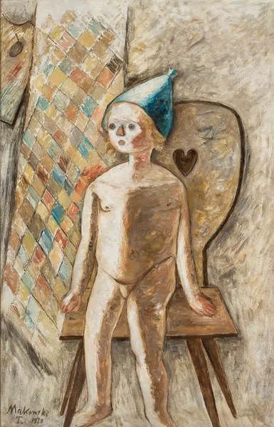 Nude little girl in a blue cap av Tadeusz Makowski