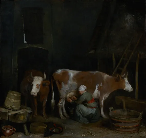 A Maid Milking a Cow in a Barn av Gerard ter Borch