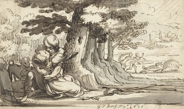Venus en Adonis in een omhelzing verwikkeld av Gerard ter Borch