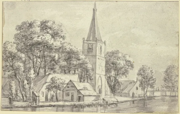 Dorfkirche unter Bäumen am Kanal av Jan Van Kessel The Elder