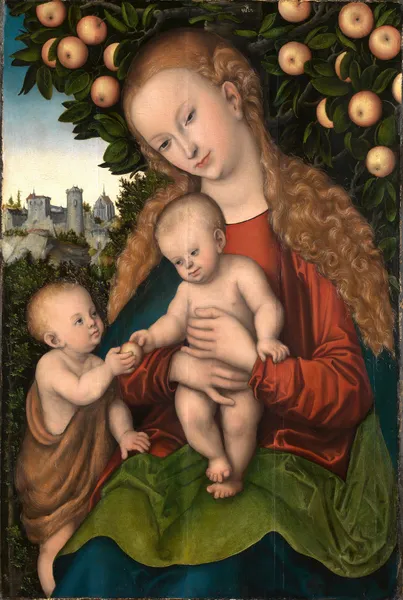 Maria mit dem Kind und dem Johannesknaben unter dem Apfelbaum av Lucas Cranach the Elder