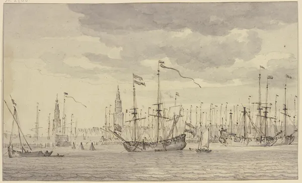 Ansicht eines Hafens mit vielen Schiffen und einer Stadt mit zwei Kirchtürmen (Amsterdam) av Willem van de Velde the Younger