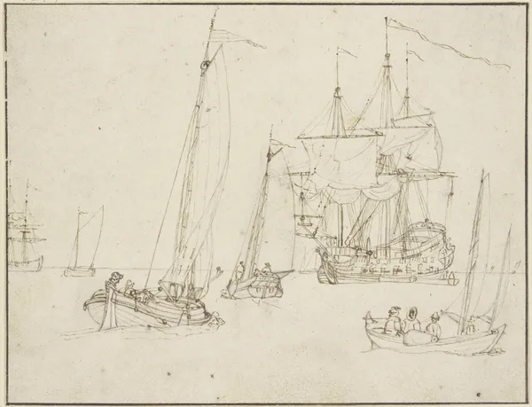 Ein Kriegsschiff, umgeben von drei Segelbooten, in der Ferne noch mehrere andere Schiffe av Willem van de Velde the Younger