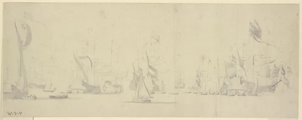 Eine Flotte, rechts das reich beflackte Admiralsschiff, umgeben von vielen Booten av Willem van de Velde the Younger