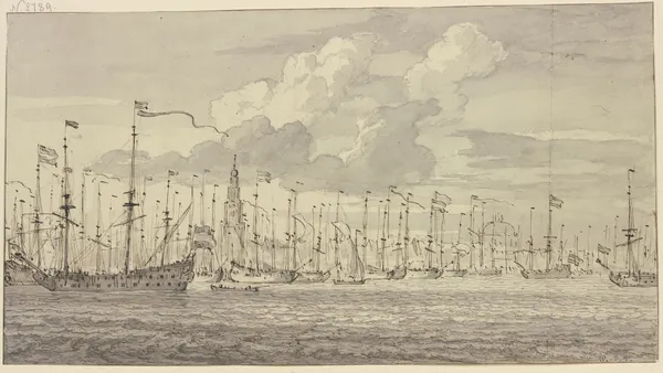 Eine in der Reihe liegende Flotte vor Amsterdam av Willem van de Velde the Younger